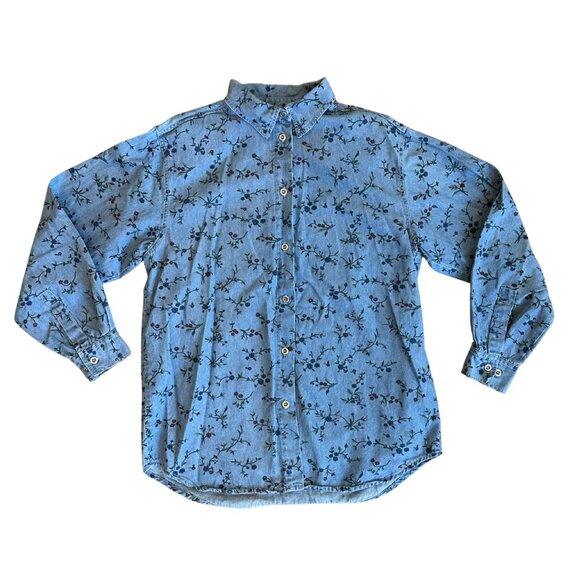 Vintage Floral Printed Denim Button Up Shirt Women's - Picture 1 of 4